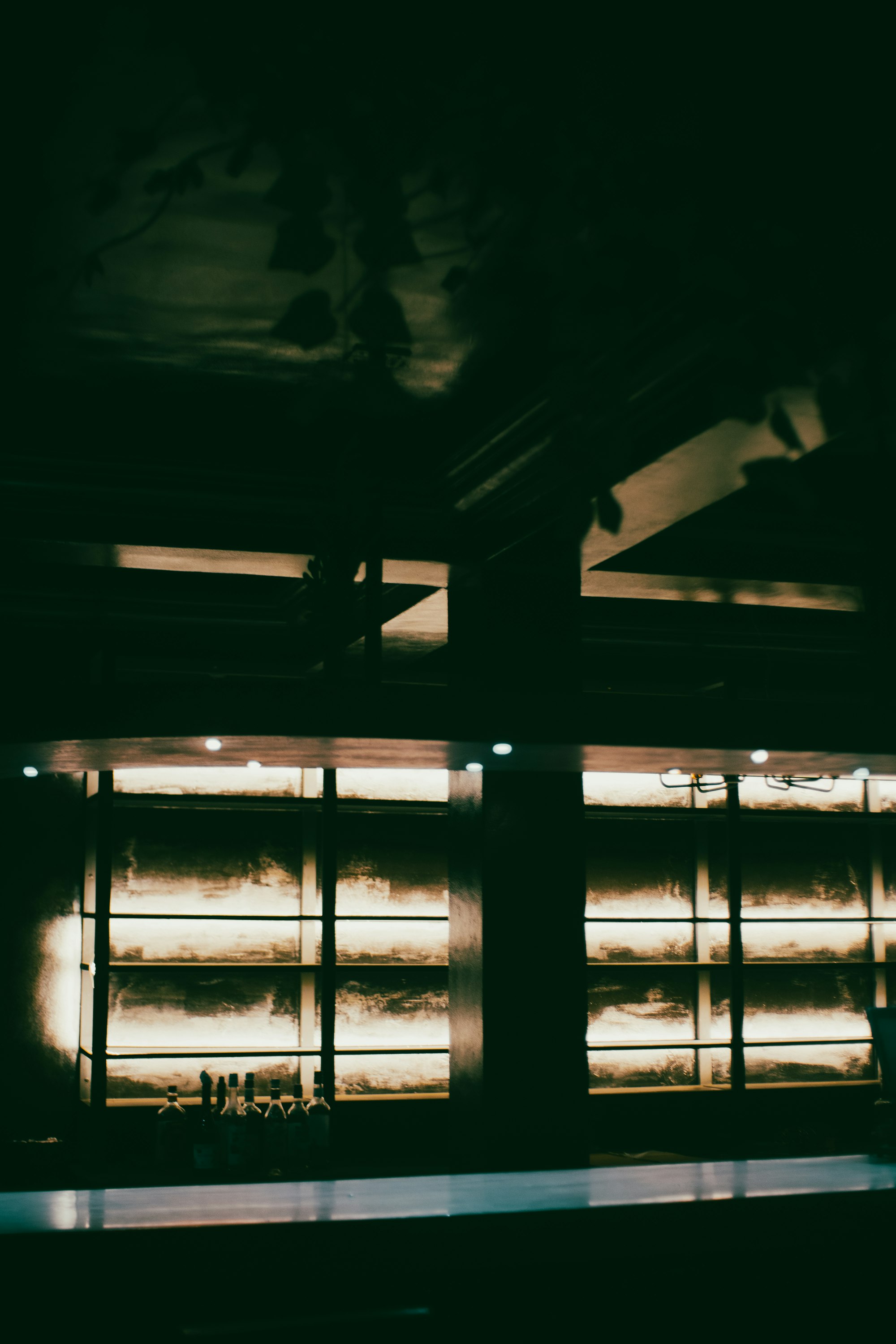 Intérieur du lounge bar, étagères rétroéclairées derrière le comptoir